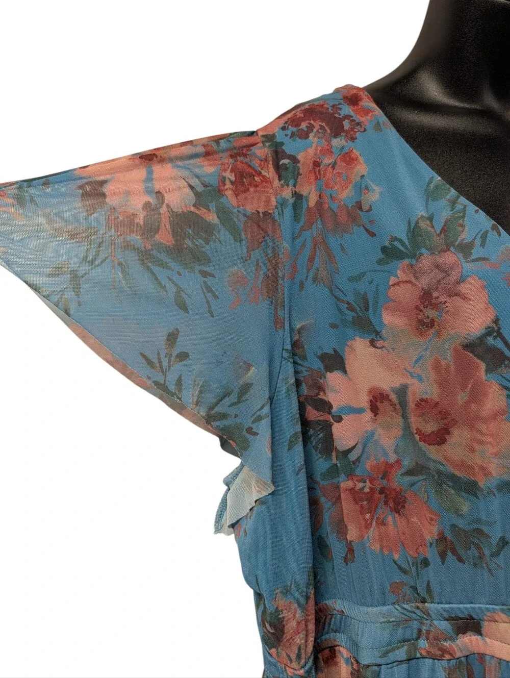 Maurices 4X Teal Blue Floral Tiered Maxi Dress Flutter Sleeve V-Neck Boho NWT - Picture 4 of 9